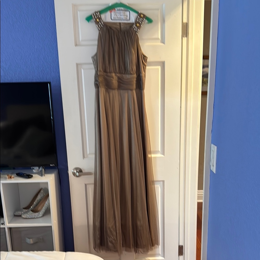 Cachet Brown Ruched Halter Gown